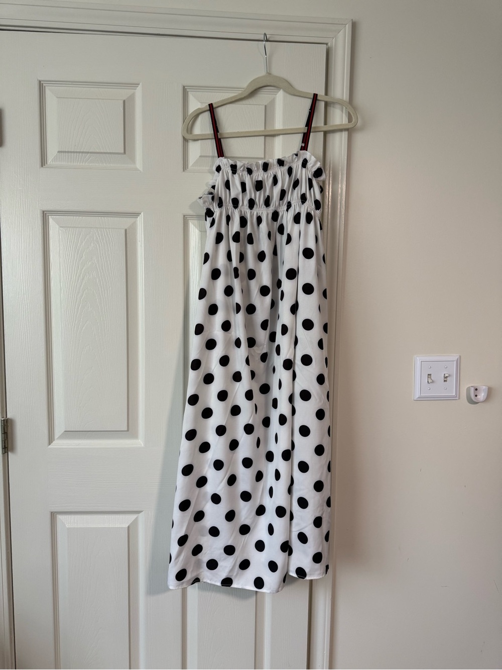 Amazon White Maxi Dress with Black Polka Dots and Burgundy Straps